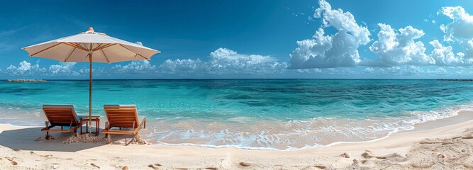 Wall Mural - Panoramic view of a beautiful beach with two sunbeds under an umbrella