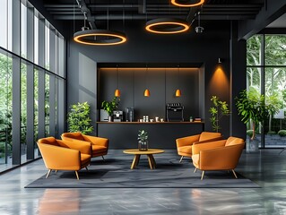Poster - Modern and Stylish Office Lounge Area with Comfortable Seating and Coffee Station
