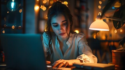 Poster - Hardworking Businesswoman Burning the Midnight Oil in Office Workspace