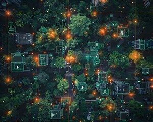 Poster - Aerial View of a Futuristic Smart City with Interconnected Green Infrastructure and Sustainable Energy Solutions