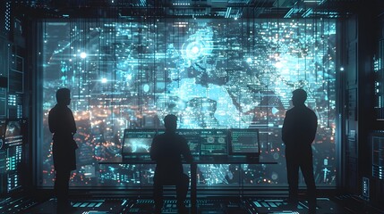 Poster - futuristic holographic coding session in high tech office environment