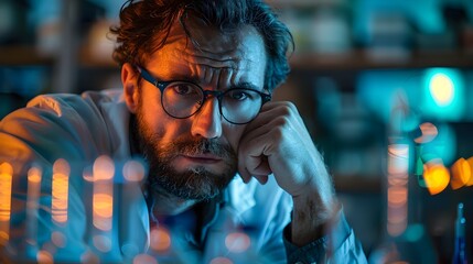 Poster - weary scientist reviewing data late at lab under harsh fluorescent lighting