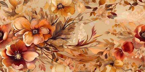 Wall Mural - Golden beautiful watercolor draw paint ink flowers plant blossom texture pattern wallpapper scene