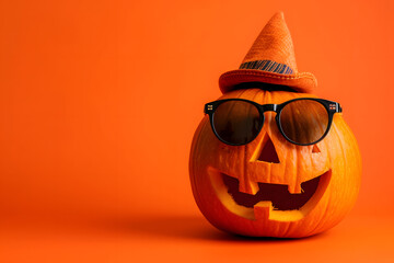 Wall Mural - Funny cute pumpkin in sunglasses and hat on halloween color background.