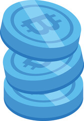 Wall Mural - This isometric illustration shows three blue bitcoin coins stacked on top of each other