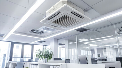 A large air conditioning unit on the ceiling of a white office with bright LED lighting and tech-driven decor, in the style of hazy, crisp detailing, bleaches, crisp and clean look