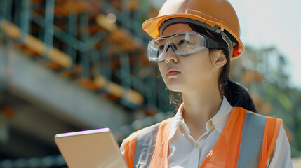 A female construction worker wearing a hard hat, safety goggles, and an orange safety vest, holding a tablet. She is standing at a construction site with scaffolding in the background.