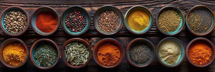 Aufkleber - An overhead view of various colorful spices in beautiful ceramic bowls, arranged on a rustic wooden surface. Generative AI