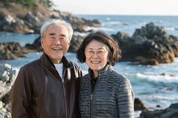 Wall Mural - Portrait of a grinning asian couple in their 50s sporting a classic leather jacket in rocky shoreline background