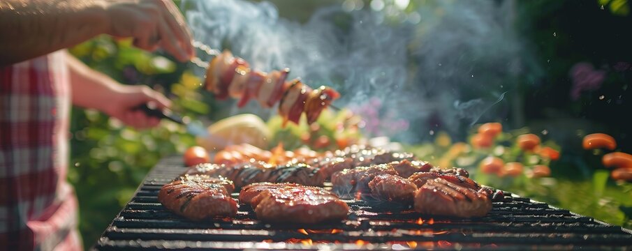 Friends having a cookout in the backyard for National BBQ Day, delicious food on the grill, 4K hyperrealistic photo.