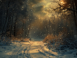 Wall Mural - Enchanted Winter Forest Path at Dusk