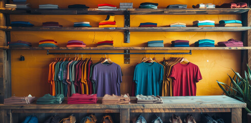 Wall Mural - Colorful T-Shirts Displayed On Wooden Shelves In Retail Store