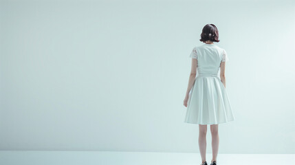 A woman in a white dress standing against a plain white background, facing away from the camera.