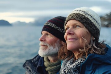 Wall Mural - Portrait of a satisfied caucasian couple in their 30s dressed in a warm ski hat over calm bay background