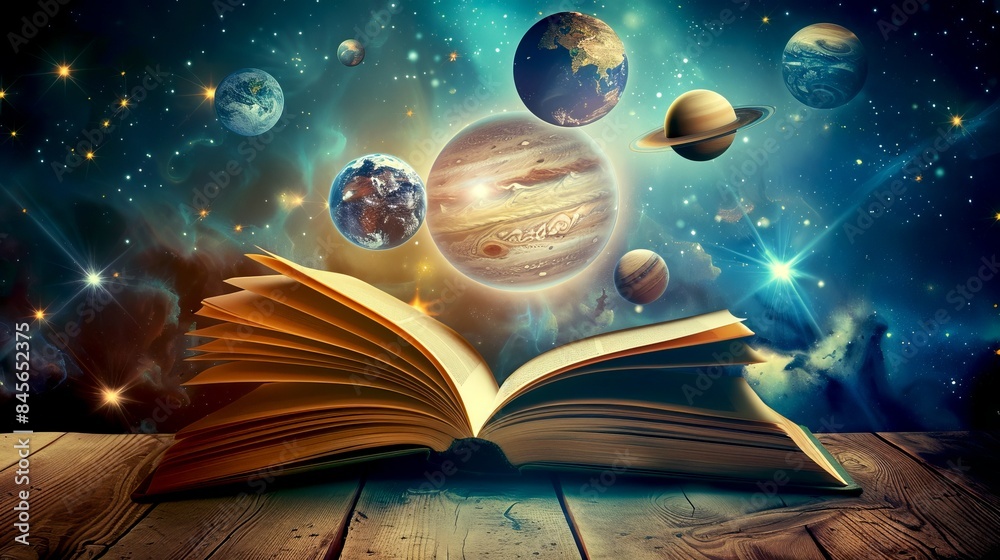 Open book with a galactic backdrop showcasing planets and stars ...