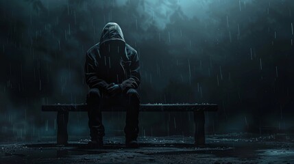 person in black clothes and hooded sitting on a bench on a dark background, online anonymity, face hidden, hacker concept, online activity