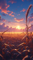 Sticker - Golden hour sunlight over a cornfield with pink and purple clouds