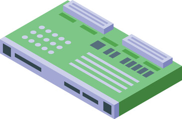 Poster - Green motherboard lying on white background with microchips and slots modern technology concept