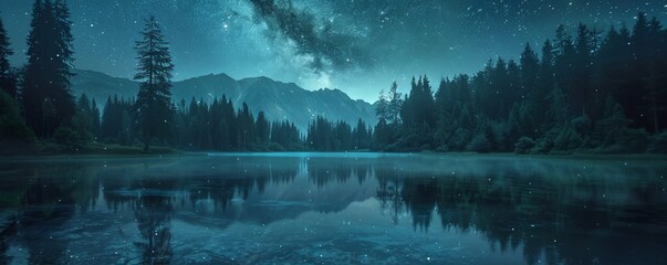 Tranquil forest lake at night with the Milky Way reflected in the water, 4K hyperrealistic photo