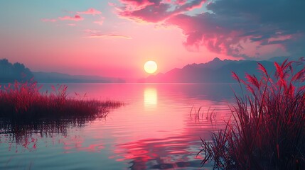 Wall Mural - **Spring sunset over a lake on a solid background