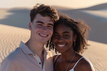 Wall Mural - Portrait of a cheerful multicultural couple in their 20s donning a classy polo shirt isolated on serene dune landscape background