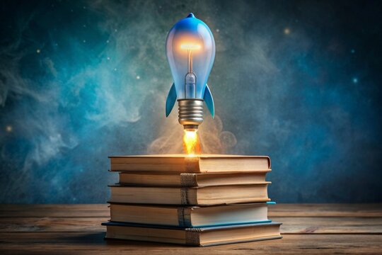 A photo of a blue glowing light bulb rocket launching from a stack of books, symbolizing the power of knowledge and education in fueling innovative ideas