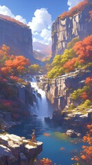 Sticker - Fantasy character observing waterfall cascading from high cliffs in autumn