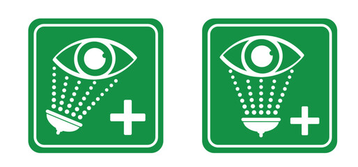 Emergency eye wash and shower. Eye and douche or showerhead. First aid eyewash green sign. Eye wash station. Safe condition logo. First aid. Eyewash bay.