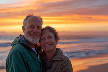 Portrait of a glad caucasian couple in their 40s wearing a functional windbreaker over vibrant beach sunset background