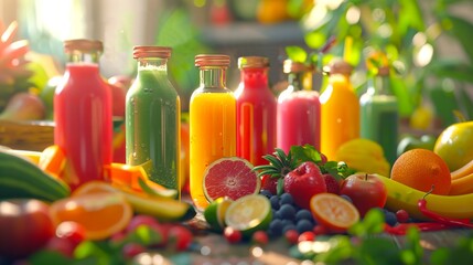 Wall Mural - Colorful Fruit Juices in Bottles with Fresh Fruits. Vibrant and Healthy Drink Options. Perfect for Marketing, Health Blogs, and Recipes. Natural and Inviting Atmosphere Captured Perfectly. AI