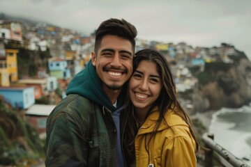 Wall Mural - Portrait of a grinning latino couple in their 20s wearing a trendy bomber jacket isolated on beautiful coastal village background