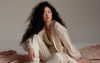 Fashion beauty model with curly dark hair and wearing elegant beige silk clothes sitting gracefully on brown fabric