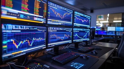 Wall Mural - Multiple screens displaying dynamic financial charts and data analysis in a high-tech monitoring setup