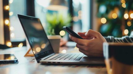 Poster - A person is sitting at a table in a cafe and using a laptop and a smartphone. The person is holding the phone in their right hand and typing on it.