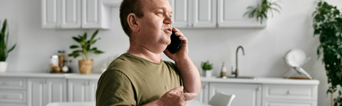 a man with inclusivity in casual attire talks on the phone in a modern kitchen.
