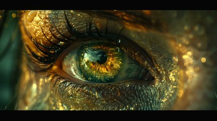 A close-up of an eye with a gold and green color scheme, possibly from a fantasy or sci-fi movie. The eye is surrounded by a gold and brown texture, giving it a unique and intriguing appearance.