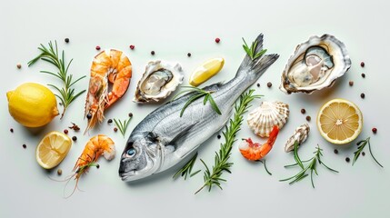 Wall Mural - Fresh seafood laid out on a white surface, including fish, shrimp, oysters, and lemons. Natural lighting enhances the vibrant colors of the seafood.