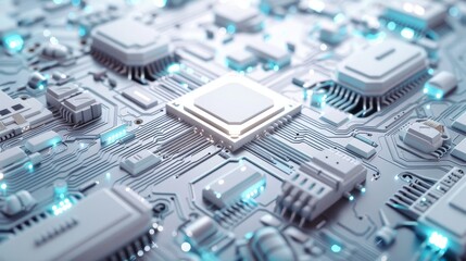 Illustration of a high-tech circuit board of the future in white colors, quantum computer, 3D printer, future technology, futuristic, great for scientific articles, white high-tech background