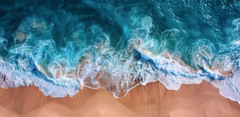 Wall Mural - Aerial View of Turquoise Water Breaking on Sandy Beach