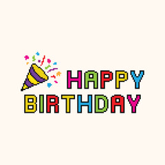 Poster - pixel happy birthday icon 8 bit, pixel art birthday icon card logo.