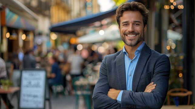 happy smiling professional business man, happy confident positive male entrepreneur standing outdoor on street arms crossed