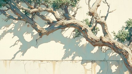 Large tree branch casting a shadow on a textured white wall
