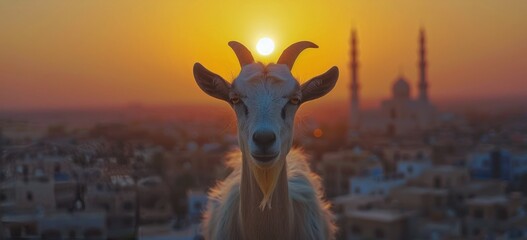 Wall Mural - White Goat Gazing at Sunset Over Cityscape With Mosque