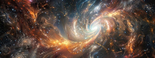 Wall Mural - long space scene with a spiral galaxy in the middle. the spiral galaxy is surrounded by other galaxi