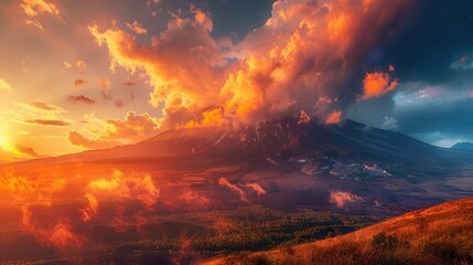 Wall Mural - Dramatic view featuring a volcano covered in clouds and a golden sunset
