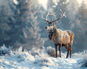 Sticker - Majestic Stag Standing Proudly in Snowy Landscape with Frost Covered Trees