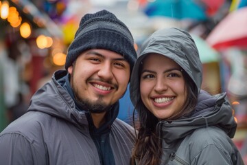 Wall Mural - Portrait of a smiling latino couple in their 20s wearing a windproof softshell isolated in vibrant market street background