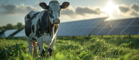 Wall Mural - Cow Grazing In Field With Solar Panels On Sunny Day