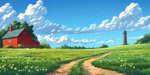 Canvas Print - A picturesque countryside scene with a vibrant red barn, a distant lighthouse, rolling hills, and a bright blue sky with fluffy white clouds, capturing the beauty of rural life on a sunny day.