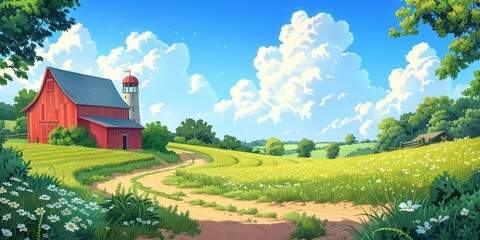 Canvas Print - A picturesque countryside scene with a vibrant red barn, a distant lighthouse, rolling hills, and a bright blue sky with fluffy white clouds, capturing the beauty of rural life on a sunny day.